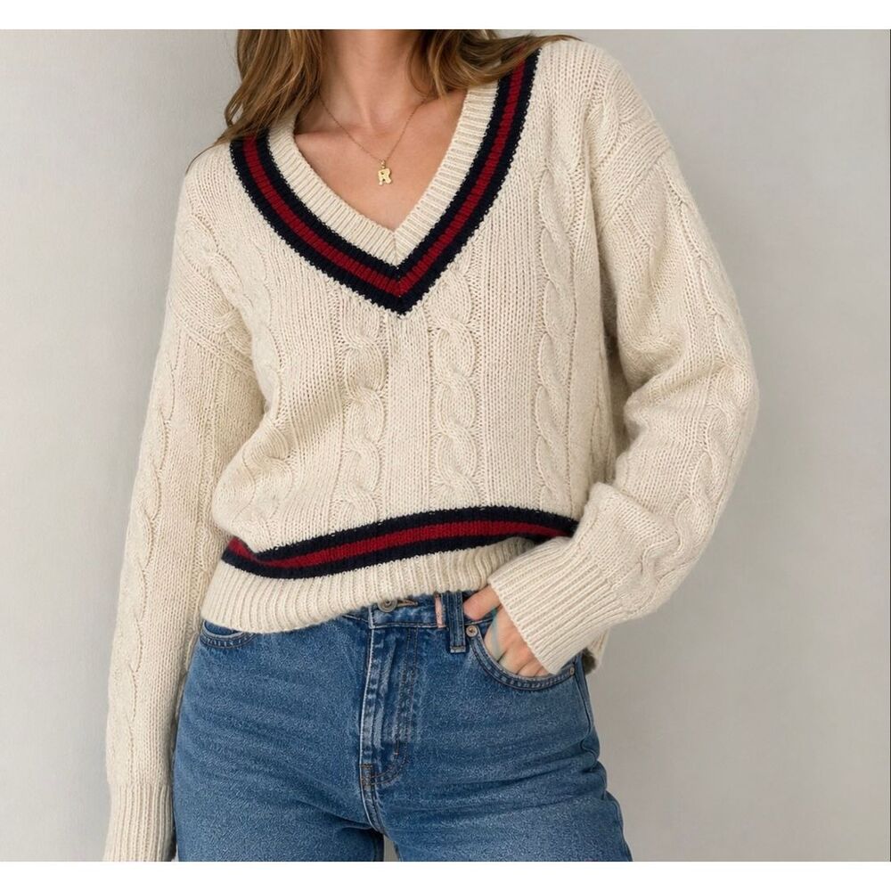 Brandy Melville Cable Knit Varsity V Neck Sweater Cream One Size Preppy